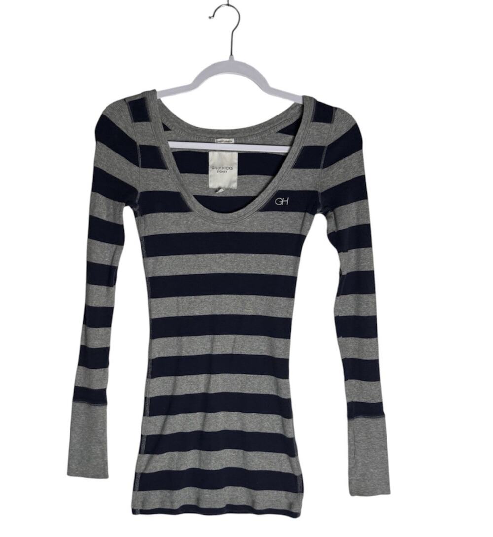Gilly Hicks Womens Y2K Cheeky Stretch Gray Navy Stripe Long Sleeve Ribbed Top M